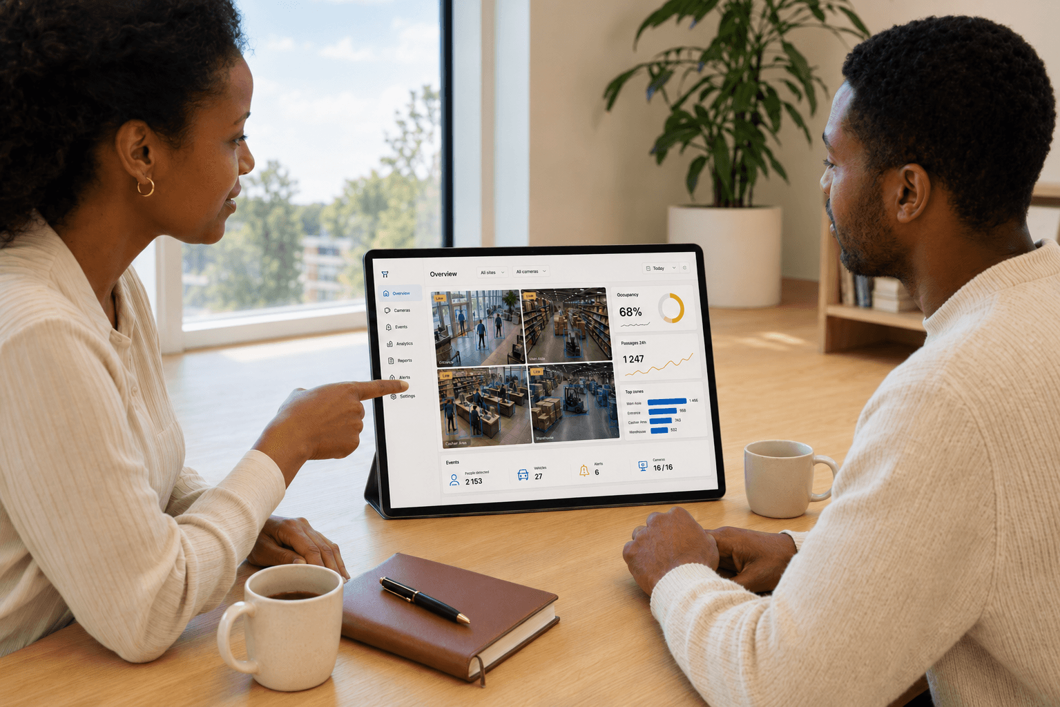 Deux opérationnels passent en revue les détections de la console Yéelen Vision sur tablette